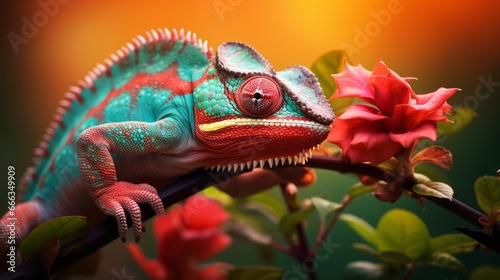 Chameleon on the flower. Beautiful extreme close-up.