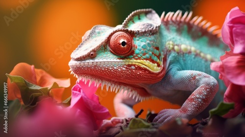 Chameleon on the flower. Beautiful extreme close-up. © Panyamethi
