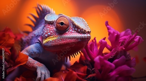 Chameleon on the flower. Beautiful extreme close-up.