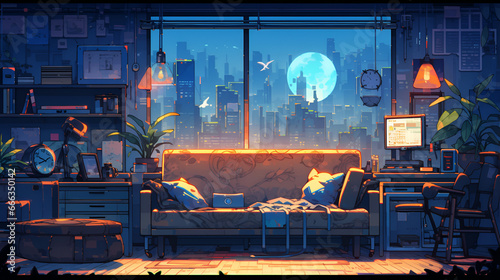 lofi living room with study table, anime style, 80s, aesthetic, pixel art