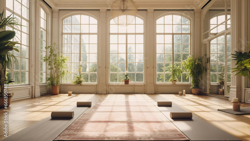 A white indoor yoga room with floor-to-ceiling windows and enough sunlight. concept of interior