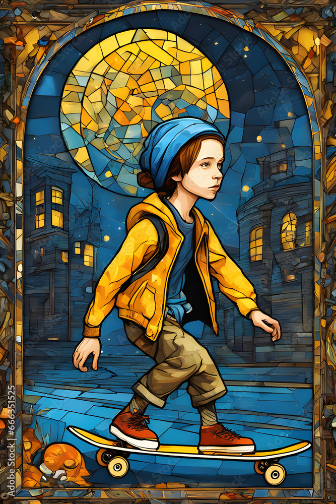 Illustration of a young man skateboarding based on the style of a stained glass window
