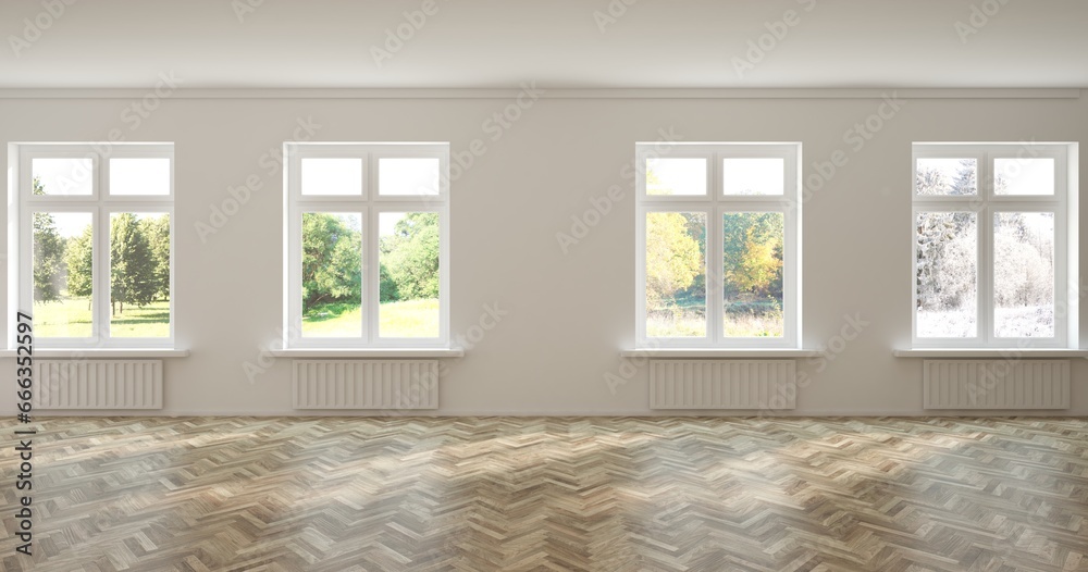 Fototapeta premium Empty living room concept with four season lanscapes in window. 3D illustration