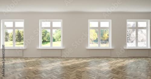 Empty living room concept with four season lanscapes in window. 3D illustration