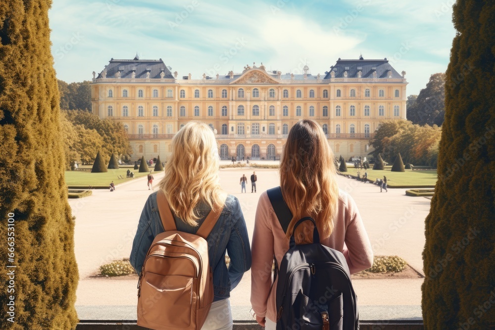 Back view of two young female friends with backpacks standing in front of Belvedere palace in Vienna, Austria, Female tourists standing in front of the Schonbrunn royal palace, AI Generated - obrazy, fototapety, plakaty 