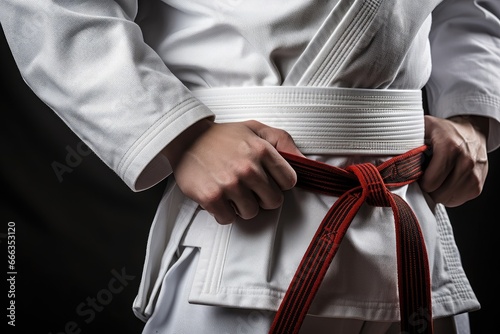 Tae Kwon Do student in white kimono with red belt, Fighter tightening karate belt, top section cropped, AI Generated photo