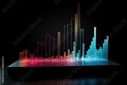abstract glowing bar chart on a dark background. 3d rendering, Financial graph chart hologram on a Black background, AI Generated