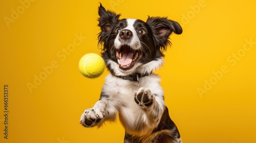 Dog playing with ball on yellow background 