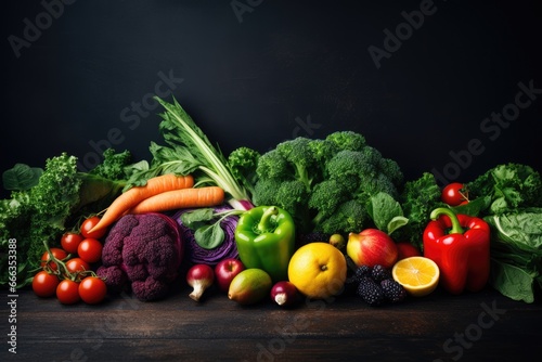 Composition with variety of raw organic vegetables and fruits. Balanced diet, Fresh fruits and vegetables on dark rustic background. Healthy food concept, AI Generated