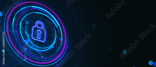 Creative digital round polygonal padlock button on dark wide background with mock up place. Secure, safety and web protection concept. 3D Rendering.