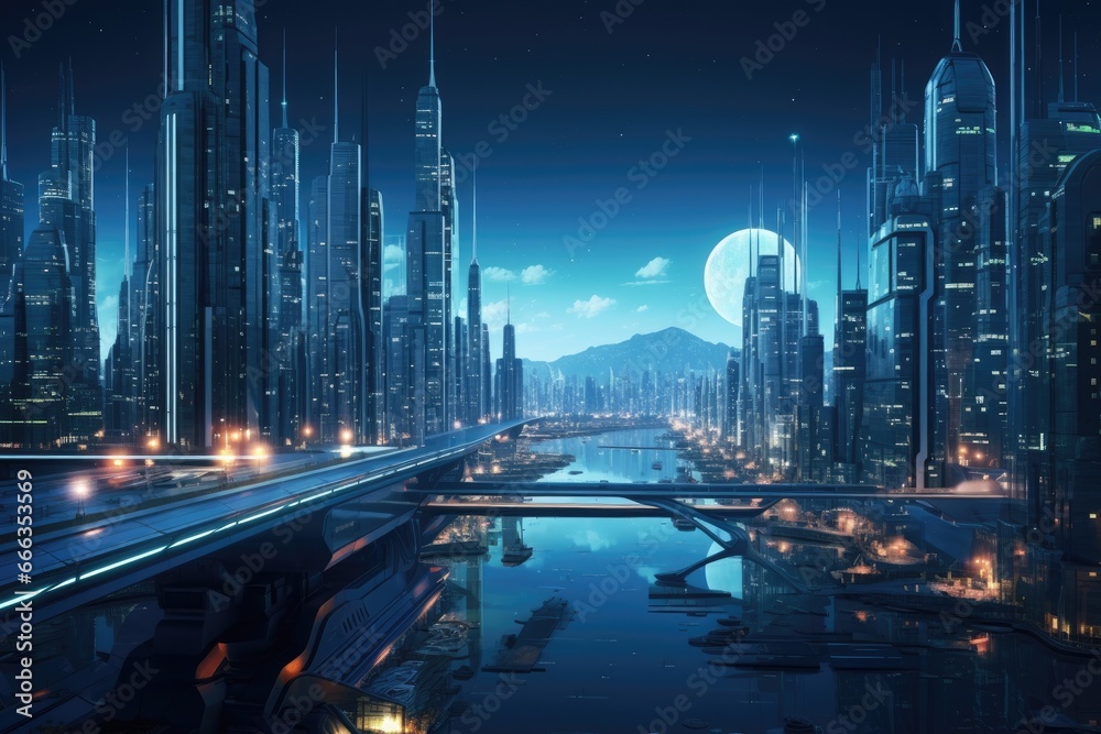 Futuristic city at night as abstract background. 3D rendering, Futuristic city at night, 3D rendering. Computer digital drawing, AI Generated