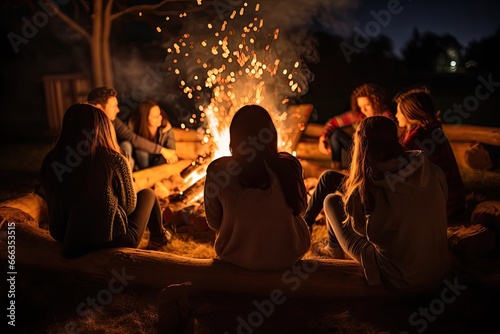 Group of young friends sitting near bonfire at night. Camping concept, Friends sitting in front of a bonfire, top section cropped, no visible faces, AI Generated