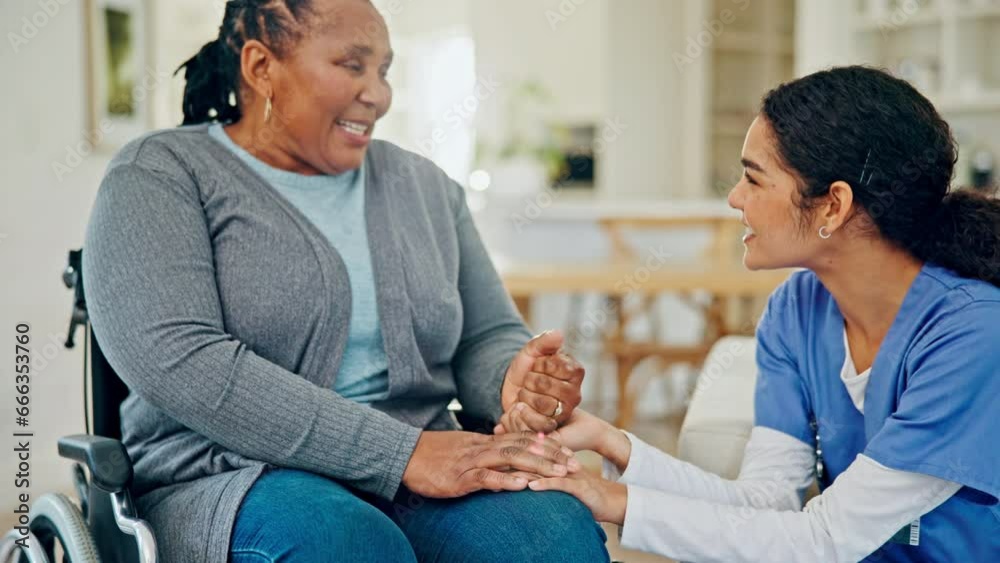 Nurse, woman in wheelchair and happy for home, nursing support and conversation, talking or chat in living room. Medical doctor, caregiver or ADN student and patient with disability smile for service Nurse, woman in wheelchair and happy for home, nursing support and conversation, talking or chat in living room. Medical doctor, caregiver or ADN student and patient with disability smile for service