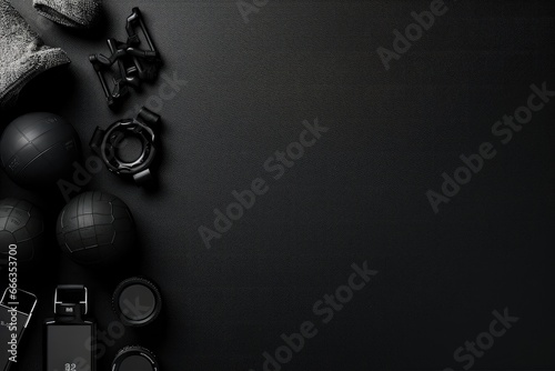 Fitness equipment on black leather background. Top view with copy space, Fitness background, black sport equipment for training, copy space, top view, AI Generated