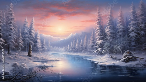 landscape; winter; snow; season; tree; mountain; pine; cold; scene; nature; outdoors; vector; background; banner; cover; frozen; ice; hill; sky; forest; blue; white; snowfall; snowy, snowflake; lake; 