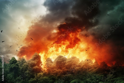 Forest fire with smoke and flames on dark sky background. Natural disaster  Forest fire natural disaster concept  burning fire in the trees on India flag background  AI Generated