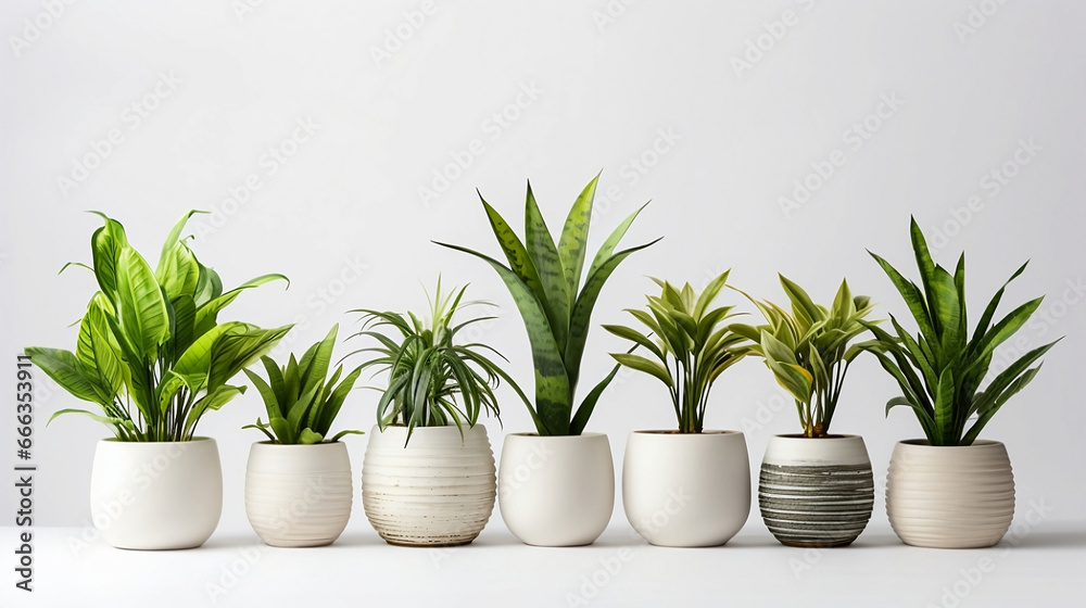 House plants in white ceramic pots to Grow in Your Office, Home, Bedroom, Kitchen and Living Room, Perfect for Clean Air. generative ai 