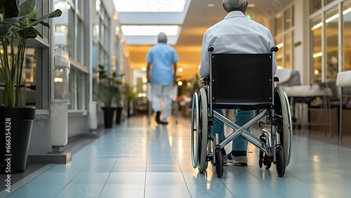 Senior in wheelchair in hospital corridor.