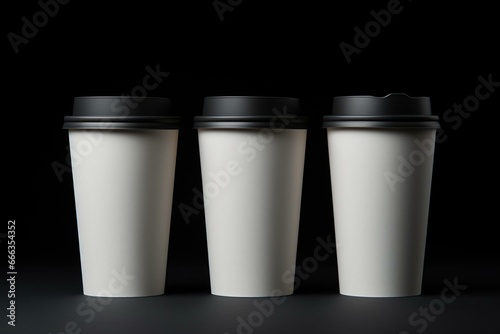 Mockup of three white coffee cups with white lids on a black background. Generative AI