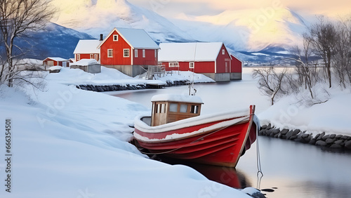 Red wooden boat covered with layers of snow.