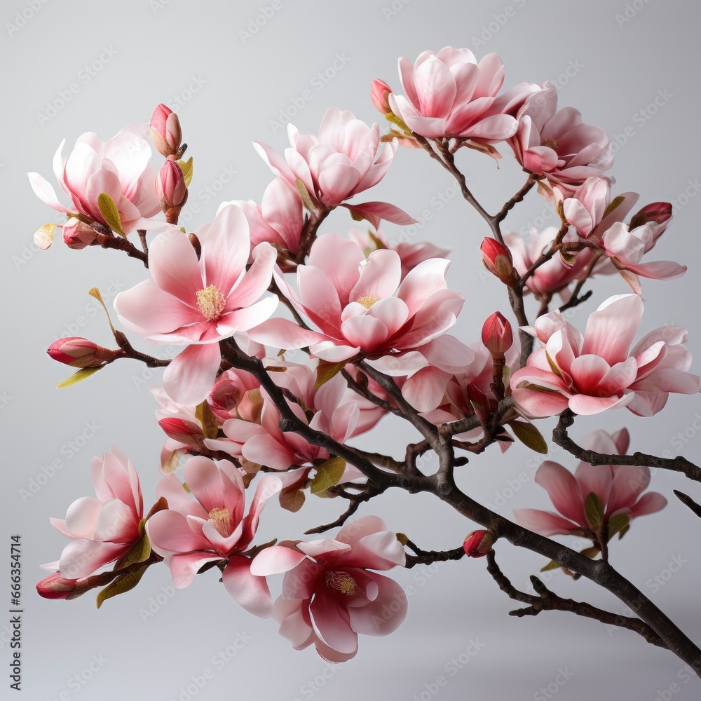 Branch With Blooming Pink Magnolia Flowers , Hd , On White Background 