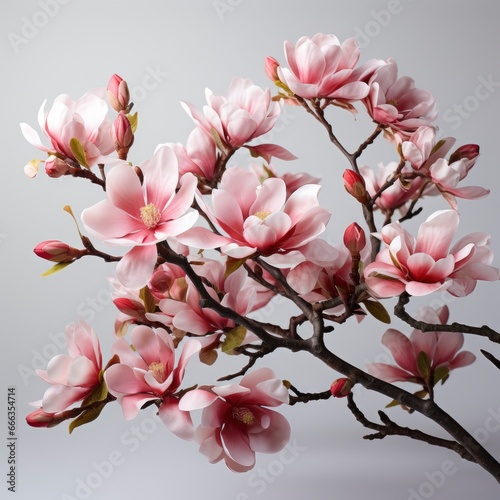 Branch With Blooming Pink Magnolia Flowers   Hd   On White Background 