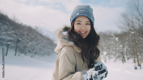Beautiful asian young woman practice snowboarding on snow mountain at ski resort, fun outdoor active lifestyle travel nature on holiday vacation