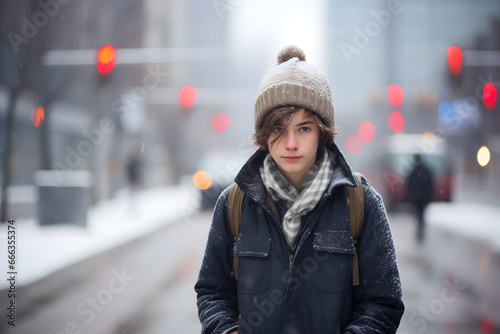 Portrait of young boy standing on a city street in winter