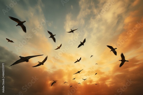 flock of birds soaring above. Generative AI © Ursula
