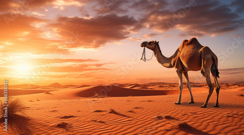 a camel walks against a sunset in the sand desert