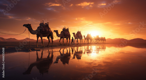 a camel walks against a sunset in the sand desert