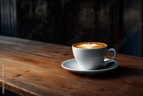 Morning elegance. Hot espresso cup with artful froth. Vintage coffee charm. Rustic latte. Cafe aesthetic. Wooden table set with cappuccino