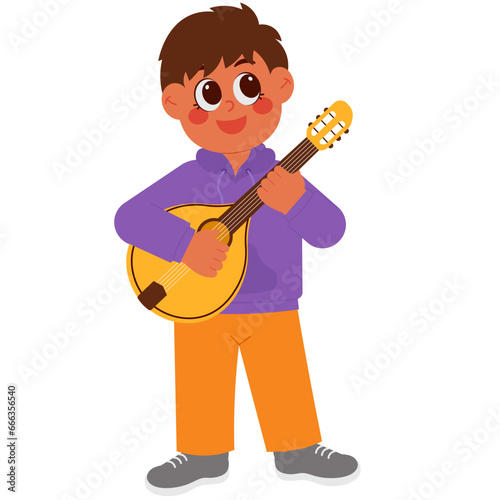 Little Boy Dancing And Playing Mandolin Illustration photo