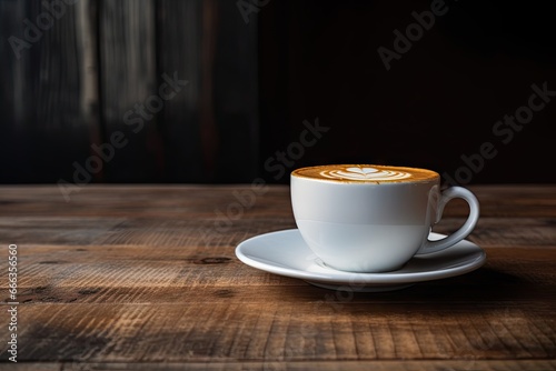 Morning elegance. Hot espresso cup with artful froth. Vintage coffee charm. Rustic latte. Cafe aesthetic. Wooden table set with cappuccino