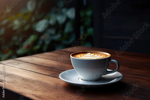 Morning elegance. Hot espresso cup with artful froth. Vintage coffee charm. Rustic latte. Cafe aesthetic. Wooden table set with cappuccino