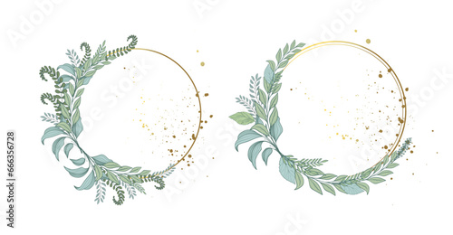 A set of beautiful golden wedding frames decorated with green forest leaves of herbs and plants. Flat vector art, decorative elements with copy space for text, aesthetic design.