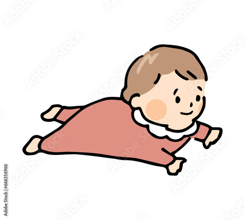 ずりばいをするベビー服を着た女の子の赤ちゃん