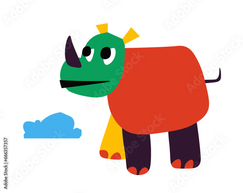 Rhino, сhildren drawing of horned animal and cloud photo