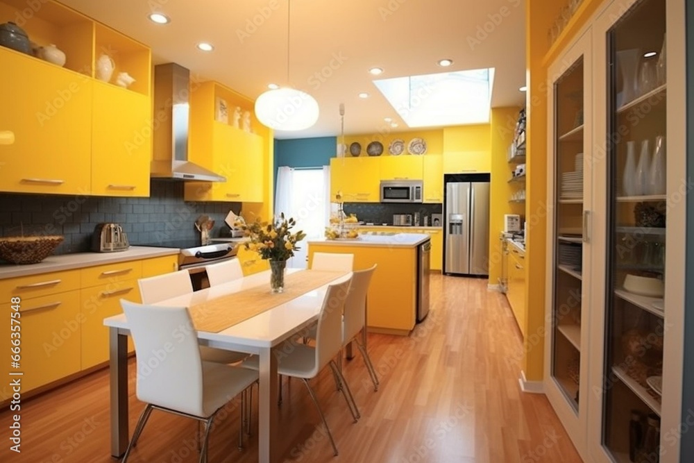 Contemporary kitchen features yellow walls and wooden floor, ideal for apartment or condo. Yellow wall, modern kitchen, wooden floor. Generative AI