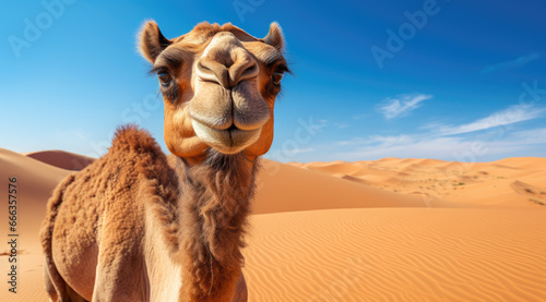a camel walks against a sunset in the sand desert photo