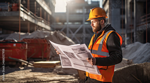 Engineer standing in front of the construction site checks construction drawings