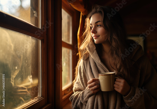 Beautiful girl with a cloak by the fireplace and a cup of coffee