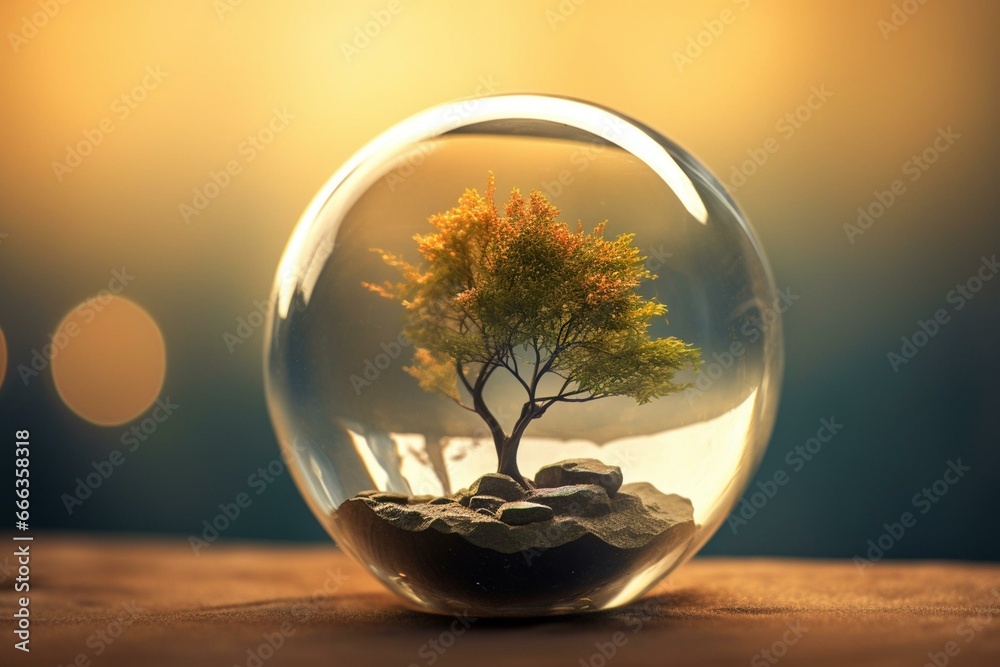 An image showing a glass ball with a small tree inside. Generative AI