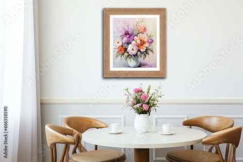 Floral arrangement on table beside white wall with framed flower picture. Generative AI