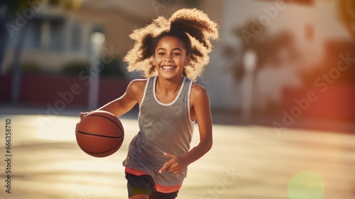 girl playing basketball sport in sunshine © kimly