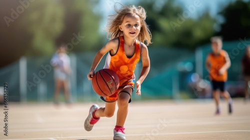 girl playing basketball sport in sunshine