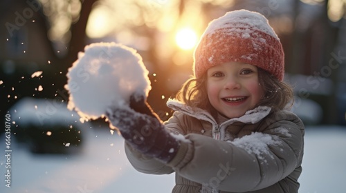 girl playing snowball in winter forest photo