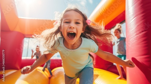 Happy little girl having lots of fun on a inflate castle while jumping. Colorful playground. photo