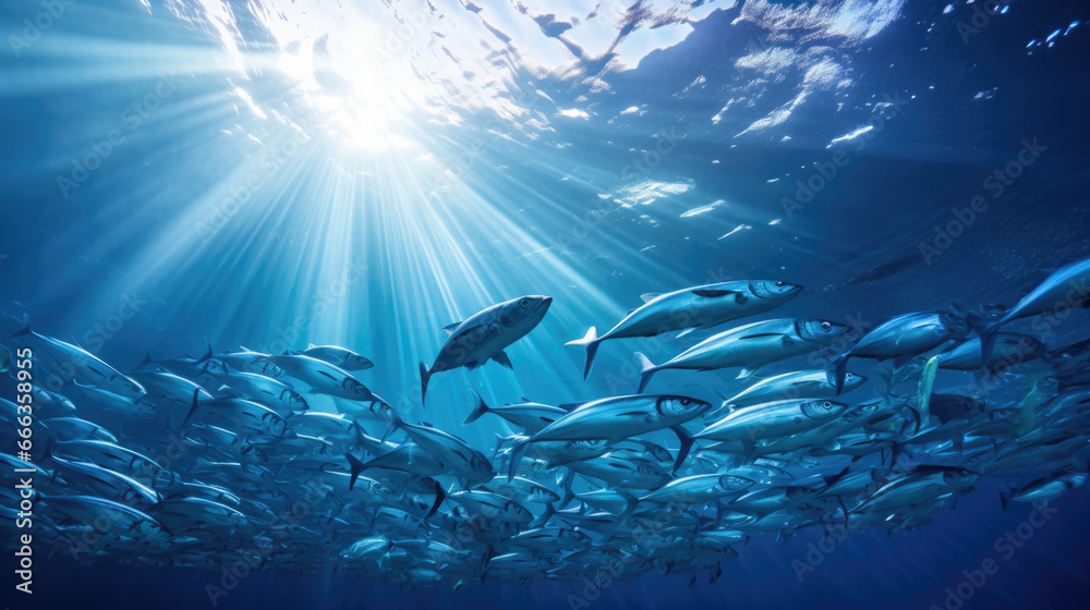 School of silvery fish swimming in the pacific ocean with sun rays filtering through the water