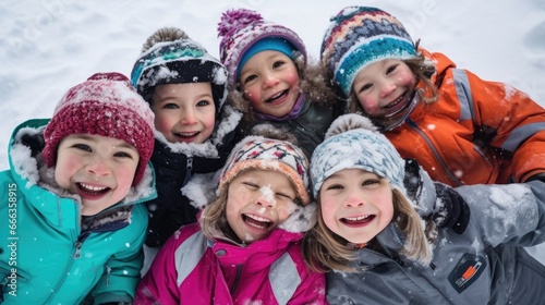 Children laughing heartily while making snow angels 
